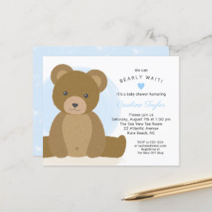 Lámina Curte Teddy Bear Blue Heart Boy Invitación de Baby
