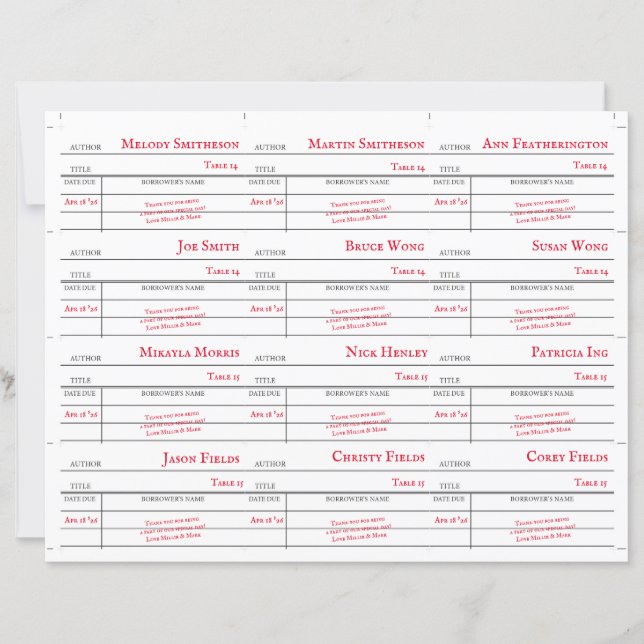 Lámina Custom Library Checkout Card Table Number Cards (Anverso)