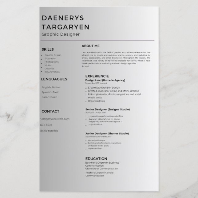 Lámina customizable resume sheet curriculum vitae (Anverso)