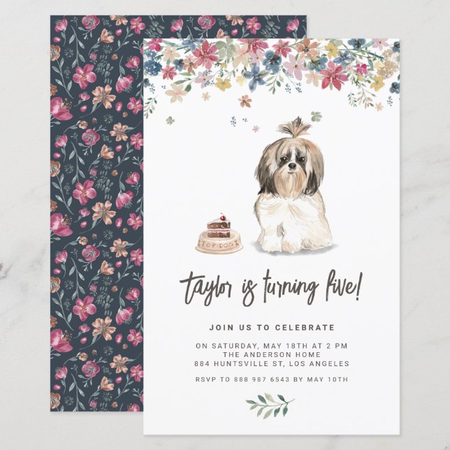 Lámina Cute acuarela Shih Tzu Perro Invitación al cumplea (Anverso / Reverso)