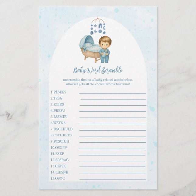 Lámina Cute Boy Blue Nursery Baby Shower Word Scramble (Anverso)