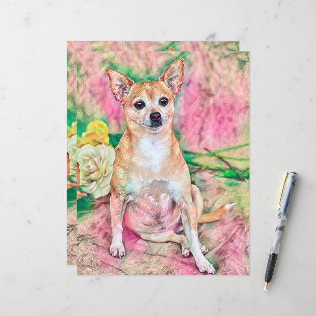 Lámina Cute Chihuahua Arte Retrato Rosa de Perro Verde (Anverso/Reverso In Situ)