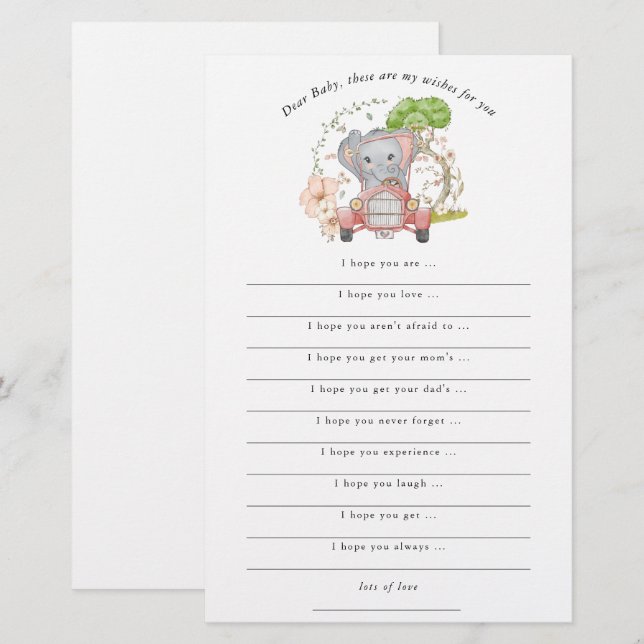 Lámina Cute Elephant Car Wings para Baby Shower (Anverso / Reverso)