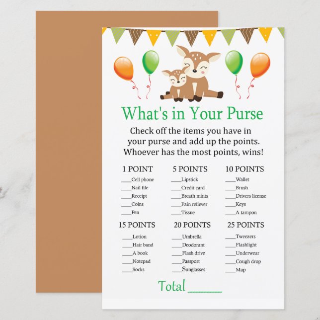 Lámina Cute fawn Qué hay en tu juego de bolso (Anverso / Reverso)