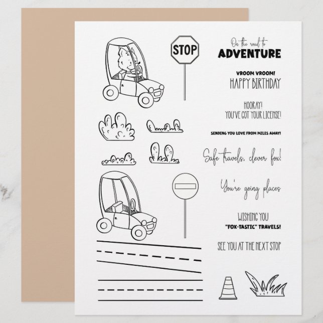 Lámina Cute Fox Car Coloring Scrapbook Paper (Anverso / Reverso)