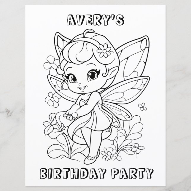Lámina Cute garden fairy birthday coloring activity  (Anverso)