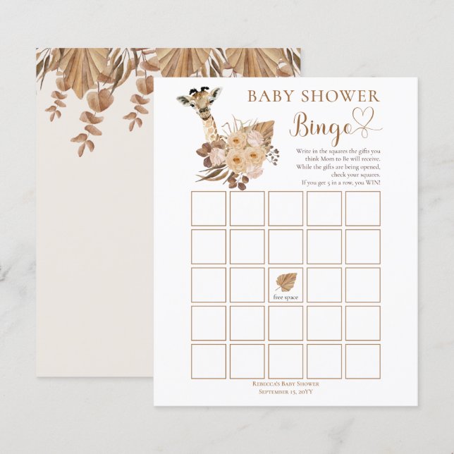 Lámina Cute Giraffe Boho Grasas Secas Bingo Baby Shower (Anverso / Reverso)