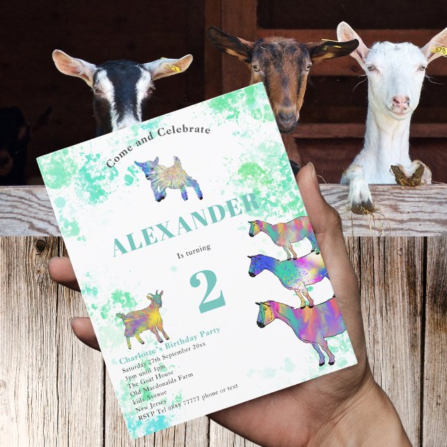 Lámina Cute Goats Acuarela 2º Fiesta de cumpleaños Presup (Cute goats colorful farm animal watercolor art 2nd birthday party budget invitation)