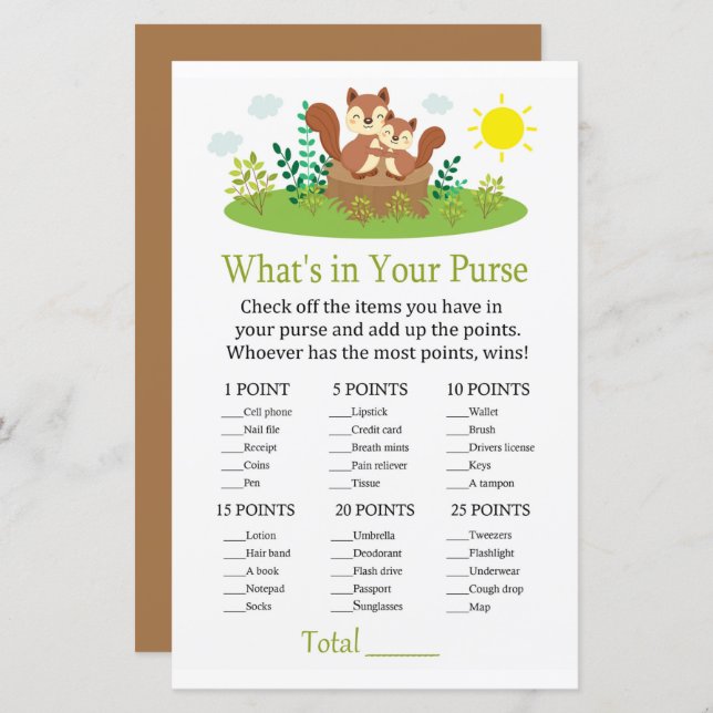 Lámina Cute Squirrel Qué hay en tu juego de bolso (Anverso / Reverso)