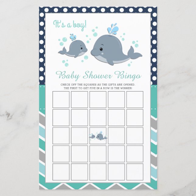 Lámina Cute Whale Shower Baby Shower Bingo Game Card (Anverso)