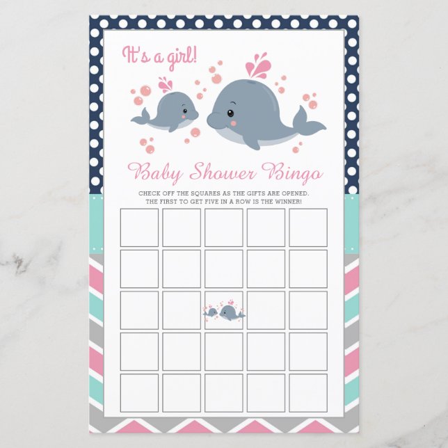 Lámina Cute Whale Shower Baby Shower Bingo Game Card Chic (Anverso)