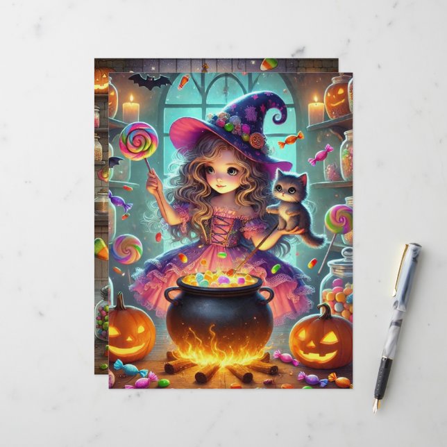 Lámina Cute Whimsical Witch Halloween Tratos Scrapbook (Anverso/Reverso In Situ)