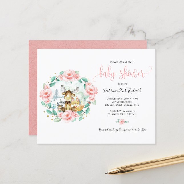 Lámina Cute Woodland Animals Greenery Budget Baby Shower (Anverso/Reverso In Situ)