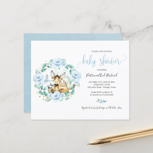 Lámina Cute Woodland Animals Greenery Budget Baby Shower (Anverso/Reverso In Situ)