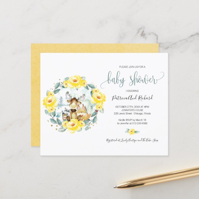 Lámina Cute Woodland Animals Greenery Budget Baby Shower (Anverso/Reverso In Situ)