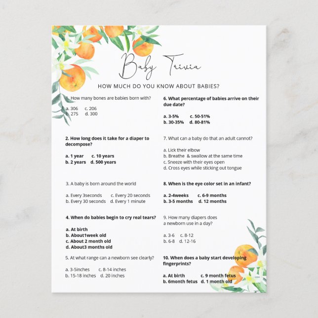 Lámina Cutie Baby Trivia | Juego Baby Shower (Anverso)