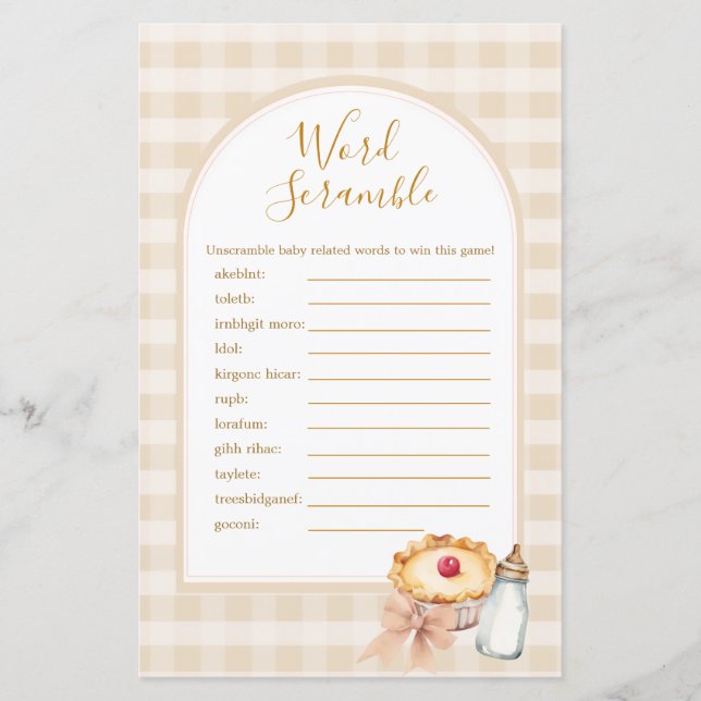 Lámina Cutie Pie Pastel Gingham Shower Word Scramble Game (Anverso)