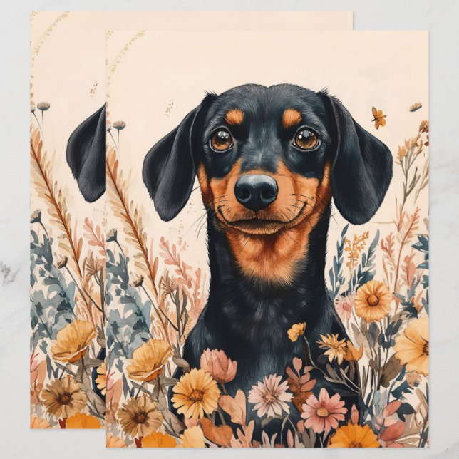 Lámina Dachshund lindo con papel de cuaderno de flores si (Anverso / Reverso)