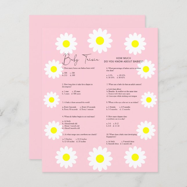 Lámina Daisies Baby Trivia | Juego Baby Shower (Anverso / Reverso)