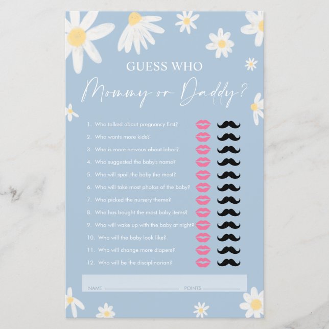 Lámina Daisy Mommy o Daddy, Dusty Blue Guest Who Game (Anverso)