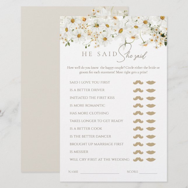 Lámina Daisy Wildflower Bridal Shower Juego (Anverso / Reverso)