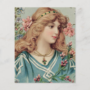 Lámina Dama victoriana con flores rosas en el pelo