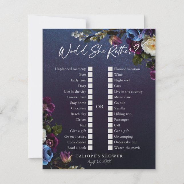 Lámina Dark Blue & Purple Floral Moody Bridal Shower Game (Anverso)