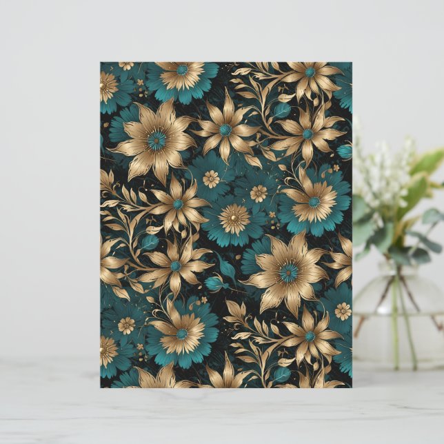 Lámina Dark Teal and Gold Metallic Effect Floral Paper (Anverso de pie)