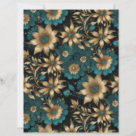 Lámina Dark Teal and Gold Metallic Effect Floral Paper
