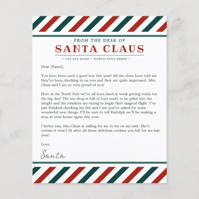 Lámina De la mesa de Navidades de Santa Claus Carta (Anverso)