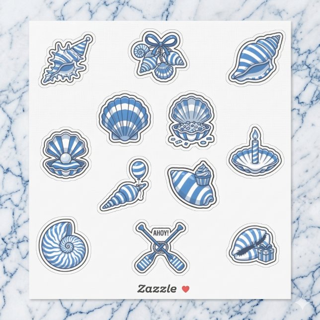 Lámina de pegatinas de conchas marinas a rayas náu (Coastal chic meets whimsical fun.)