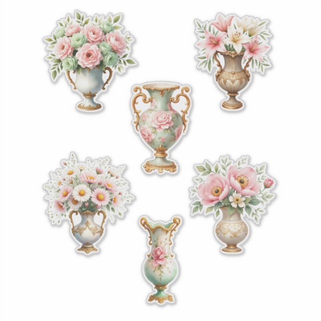 Lámina de Pegatinas de Jarrón Floral Rosa y Verde (Anverso)