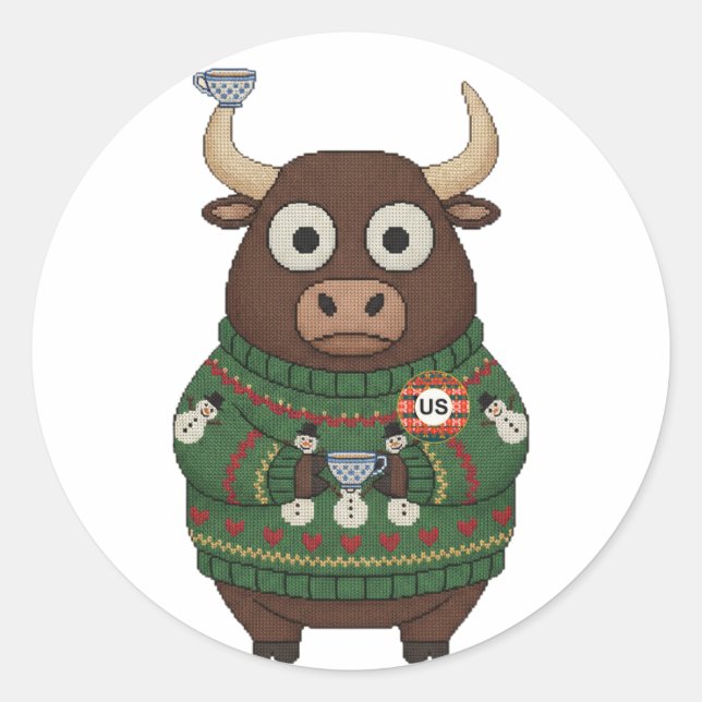 Lámina de pegatinas de toro de Navidad con suéter  (Anverso)