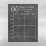 Lámina De Pizarra Blanca Magnética Calendario de monograma de familia semanal de Chal<br><div class="desc">Personalice este imán semanal de calendario personalizado con el texto de su monograma familiar, el año establecido, el título y los nombres de los miembros de la familia. Utilice marcadores de borrado en seco para completar la información de su actividad. El diseño presenta un estilo rústico de pizarra con papel...</div>