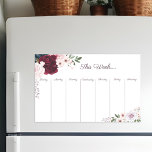 Lámina De Pizarra Blanca Magnética Calendario semanal Flores de color burdeos y azul<br><div class="desc">Hemos pintado a mano estas hermosas y elegantes flores acuáticas. Nuestro imán semanal de refrigerador cuenta con nuestro hermoso arreglo floral de burdeos rojos, azules profundos y flores rosas rubias con acentos de hojas de salvia verdes y vegetación. Nuestra hermosa acuarela floral y la vegetación enmarcan el borde del imán...</div>