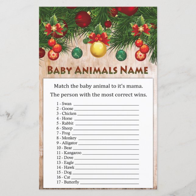 Lámina decoraciones navideñas Baby Animals Nombre Juego (Anverso)