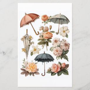 Lámina Decoupage - flores románticas vintage y paraguas