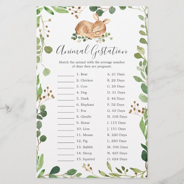 Lámina Deer Baby Shower Animal Gestation Game (Anverso)