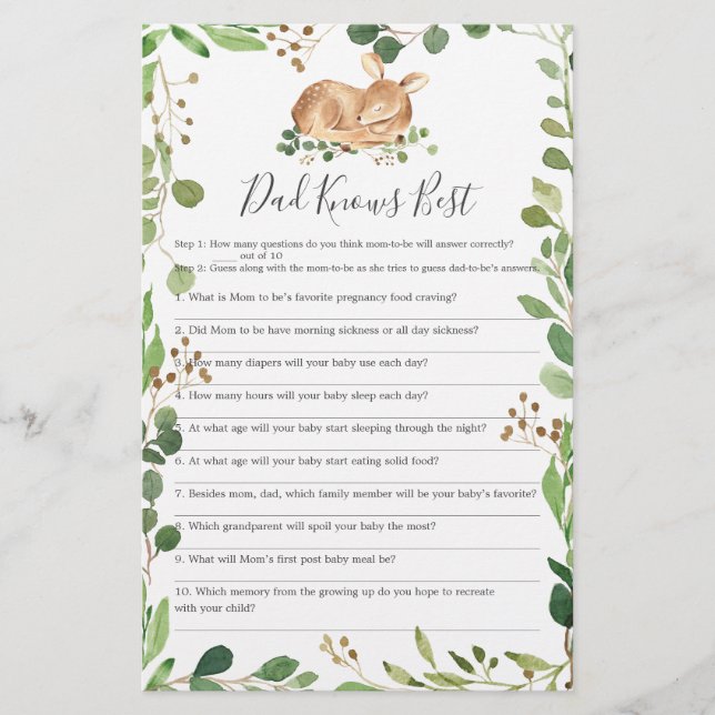 Lámina Deer Baby Shower Dad Conoce mejor juego (Anverso)