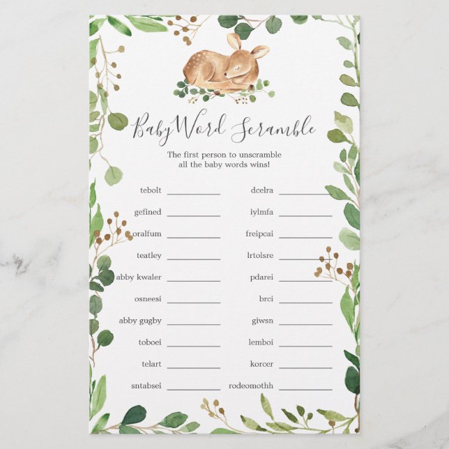Lámina Deer Baby Shower Word Scramble Game (Anverso)