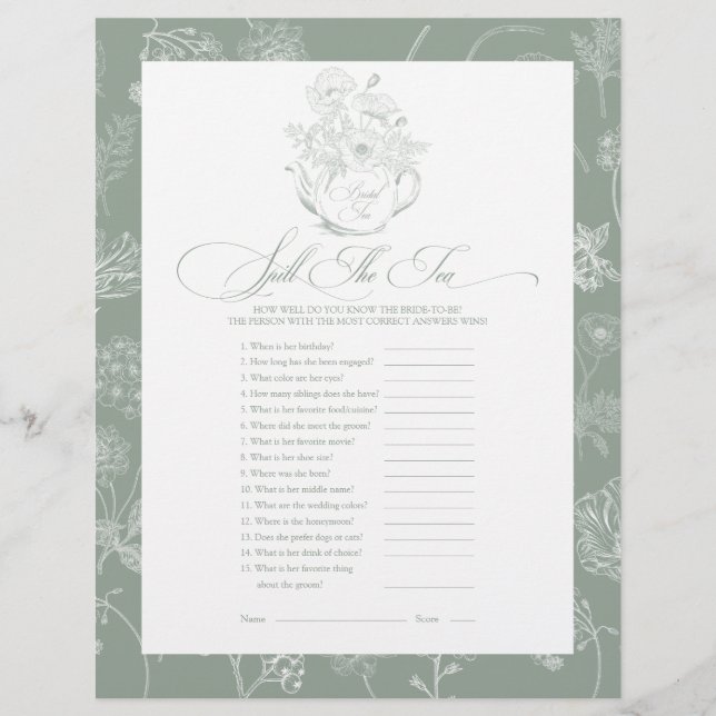 Lámina Derrame el juego de la ducha de novia del té (Anverso)