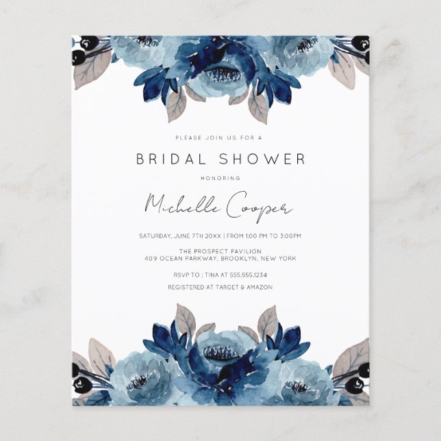 Lámina Descuento elegante azul turbio y floral naval (Anverso)