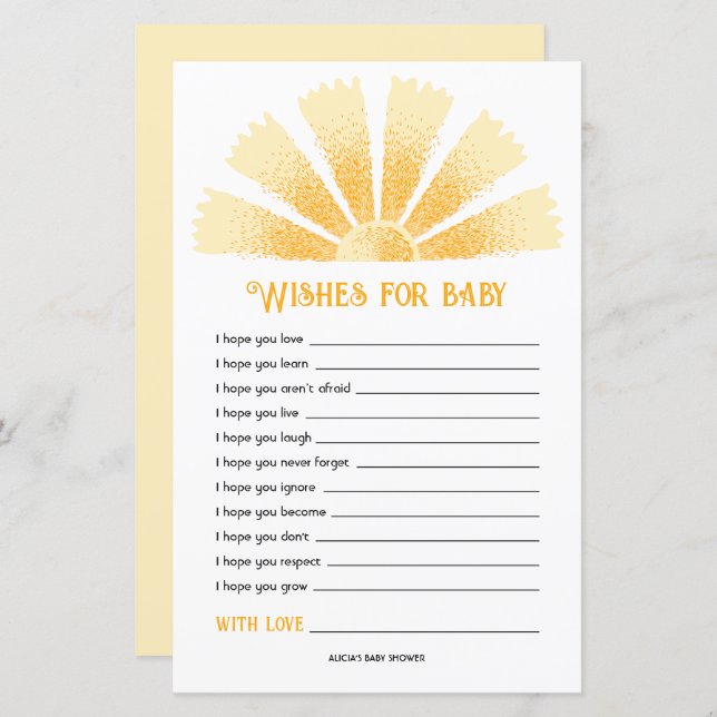 Lámina Deseos De Baby Shower Para El Bebé (Anverso / Reverso)