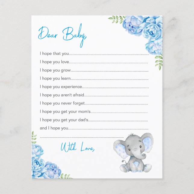 Lámina Deseos de la ducha elefante azul para bebés (Anverso)