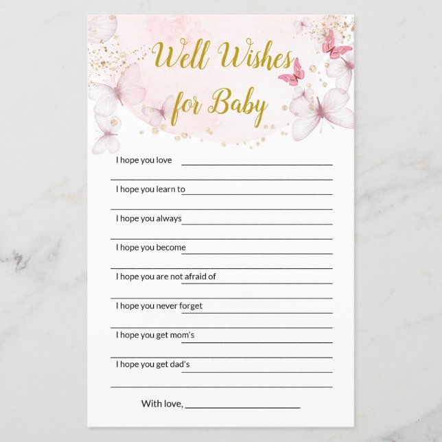 Lámina Deseos de mariposa para los juegos de Baby Shower  (Anverso)