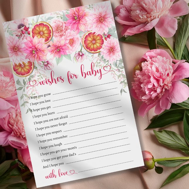 Lámina Deseos De Un Juego De Baby Shower Rosa De Citrus B (Wishes for baby citrus with pink watercolor flowers baby shower game, girl baby shower,)