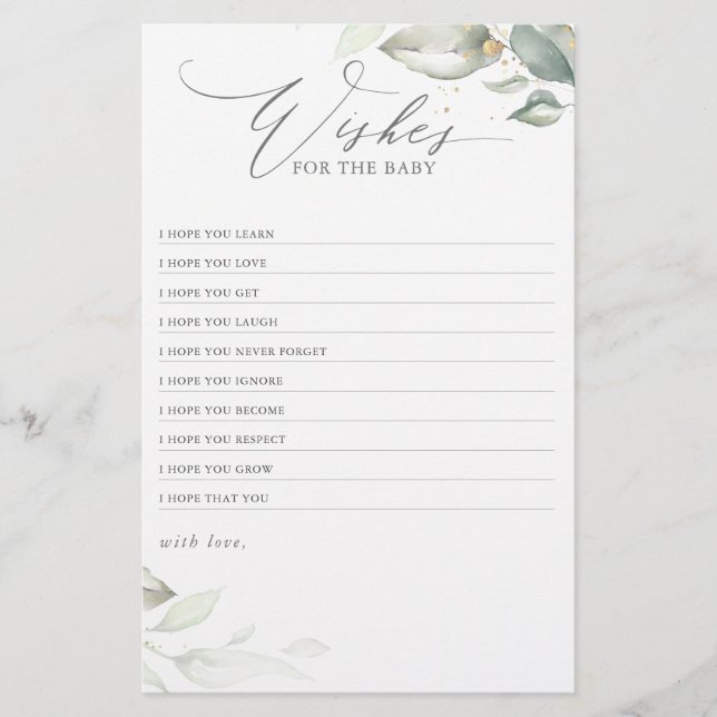 Lámina Deseos Para El Baby Shower De La Naturaleza Elegan (Anverso)