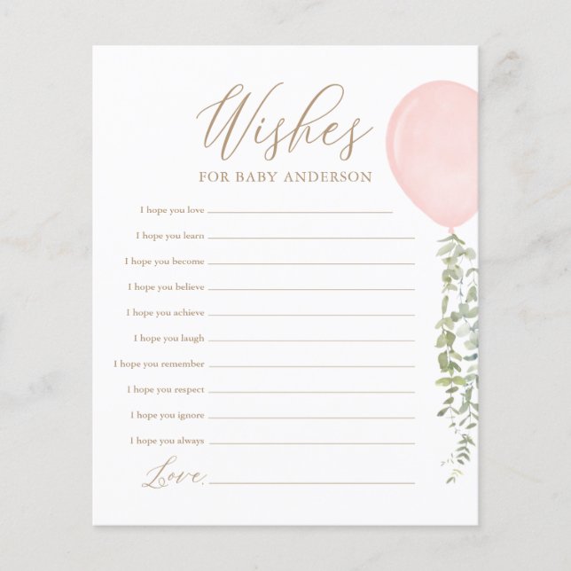 Lámina Deseos para el juego de Baby Shower Baby Pink Ball (Anverso)