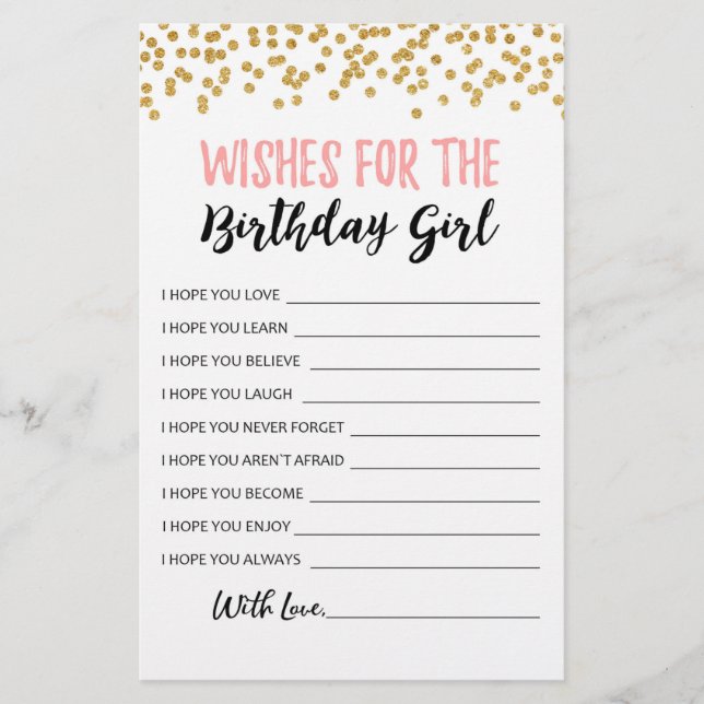 Lámina Deseos para el partido de cumpleaños del chica de  (Anverso)