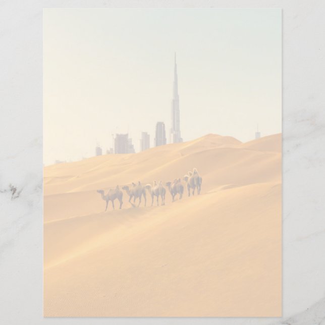 Lámina Deserts | Dubai's Skyline View with Camels (Anverso)